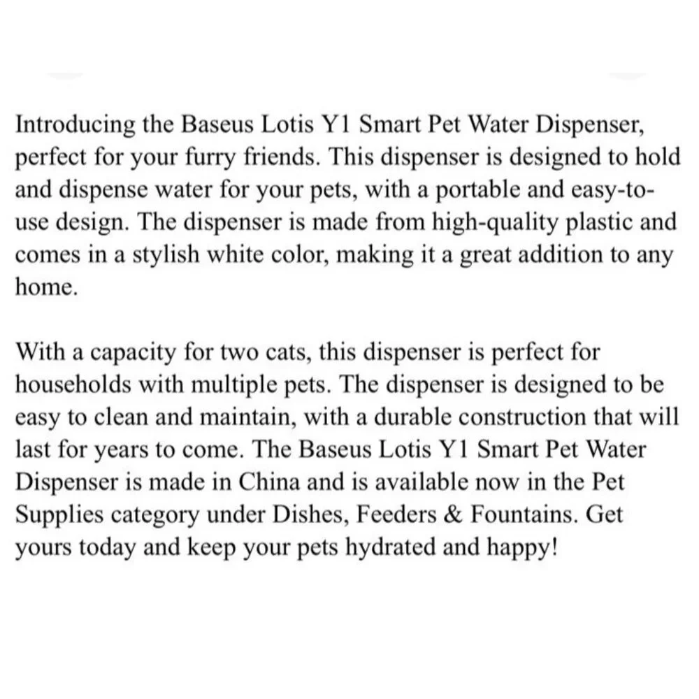 Baseus Lotis Y1 Smart Pet Water Dispenser For Two Cats New in Box